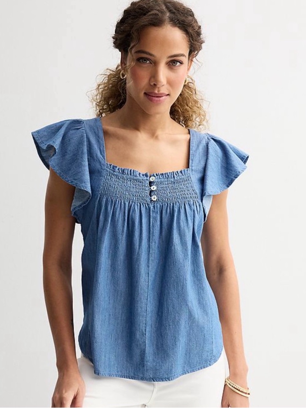 Smocked Square-Neck Flutter Sleeve Top in Light Blue - Picture 1 of 7